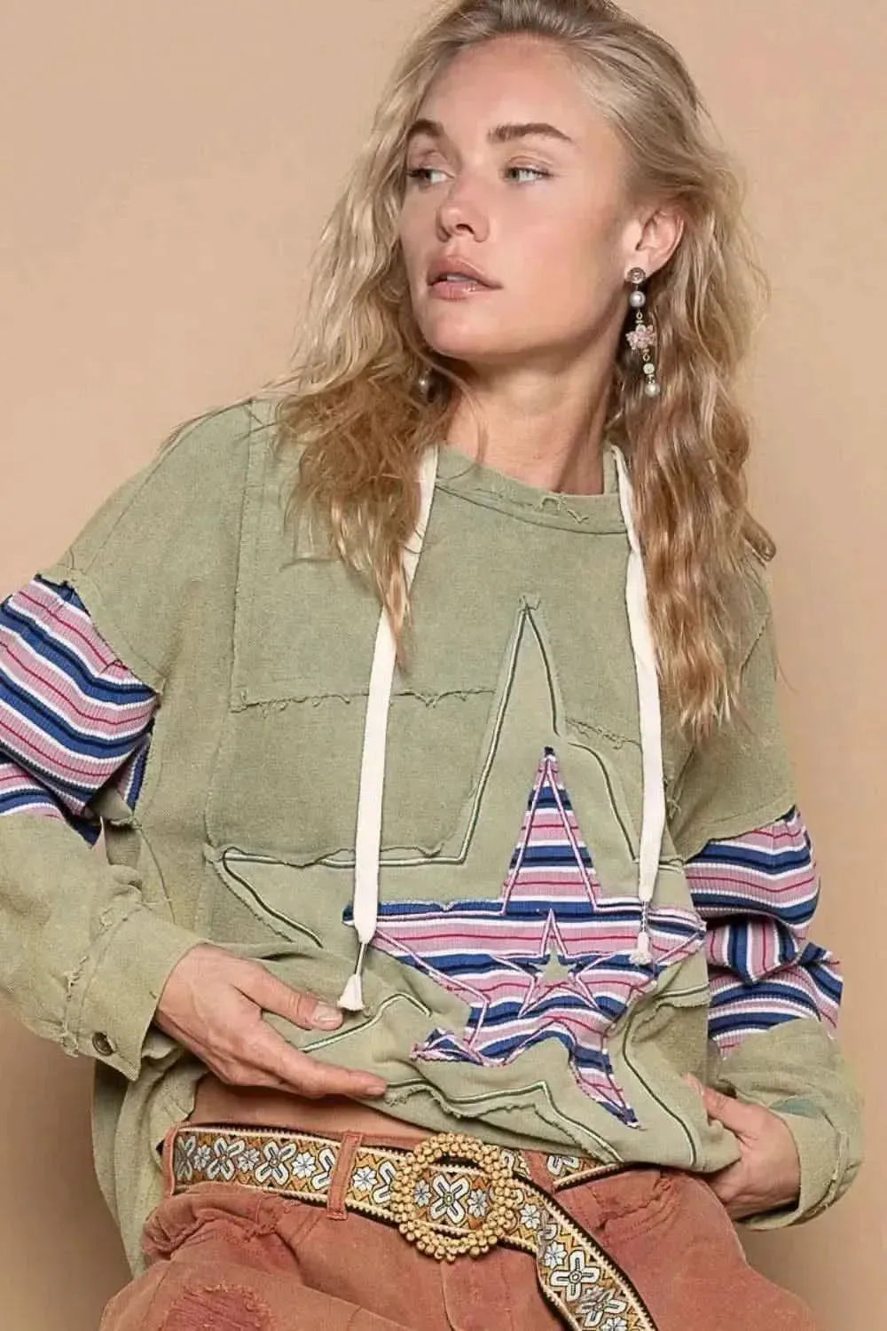 POL Star Patchwork Raw Edge French Terry Hoodie - Bad Moms Club