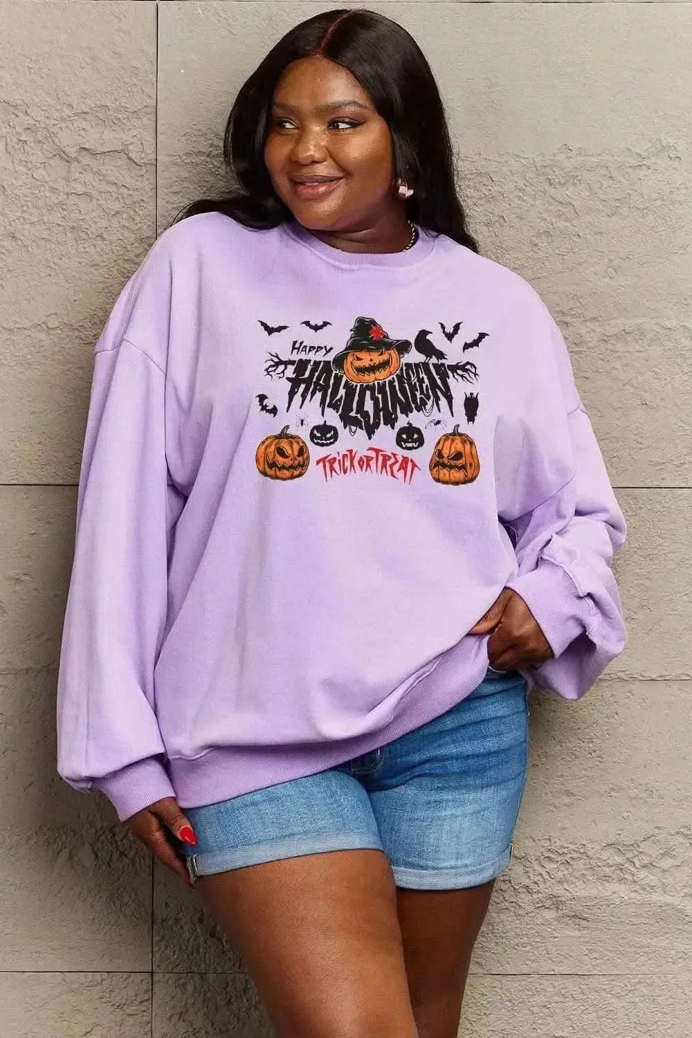 Simply Love Full Size HAPPY HALLOWEEN TRICK OR TREAT Graphic Sweatshirt - Bad Moms Club
