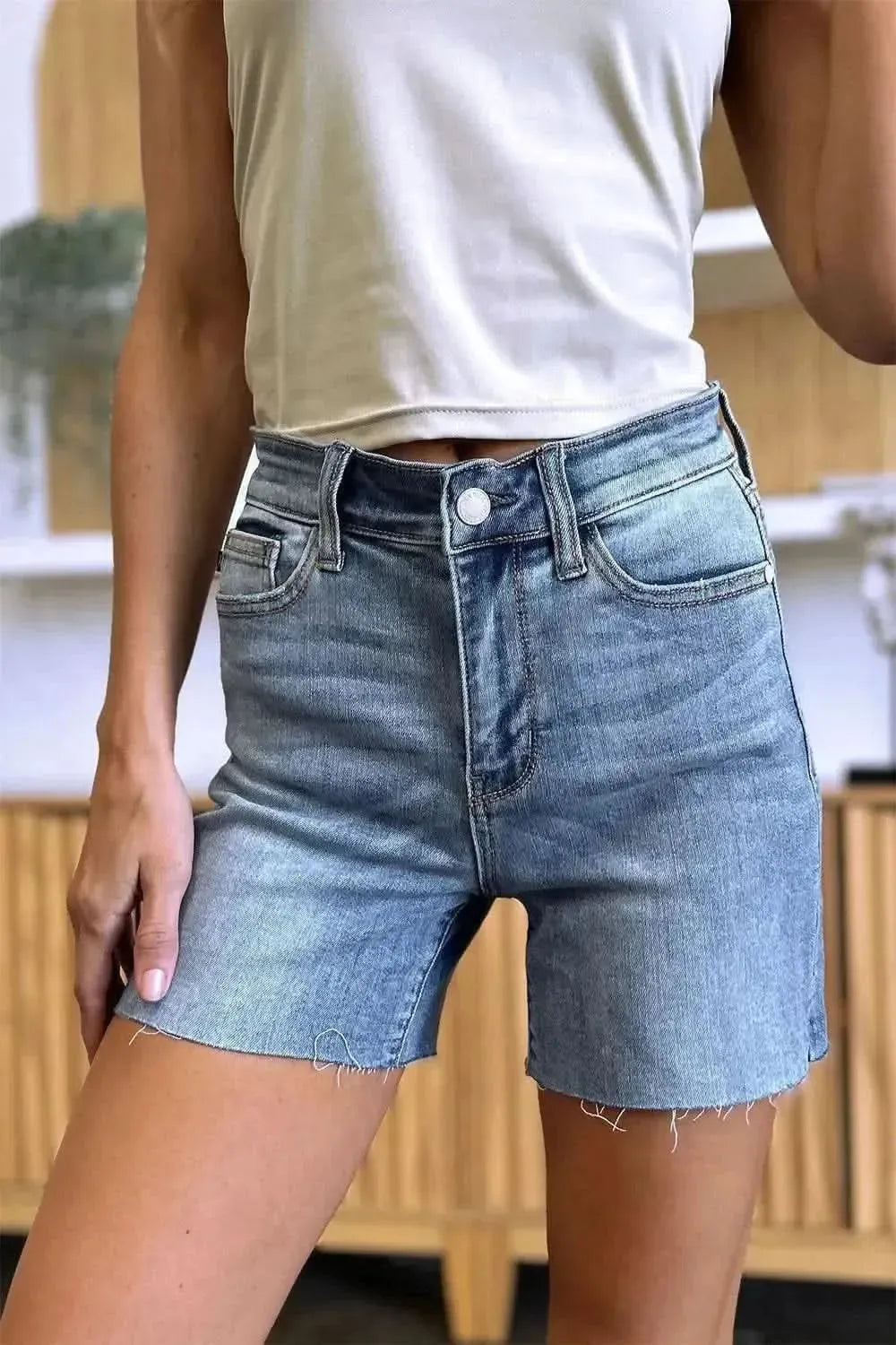 Judy Blue Full Size High Waist Raw Hem Denim Shorts - Bad Moms Club