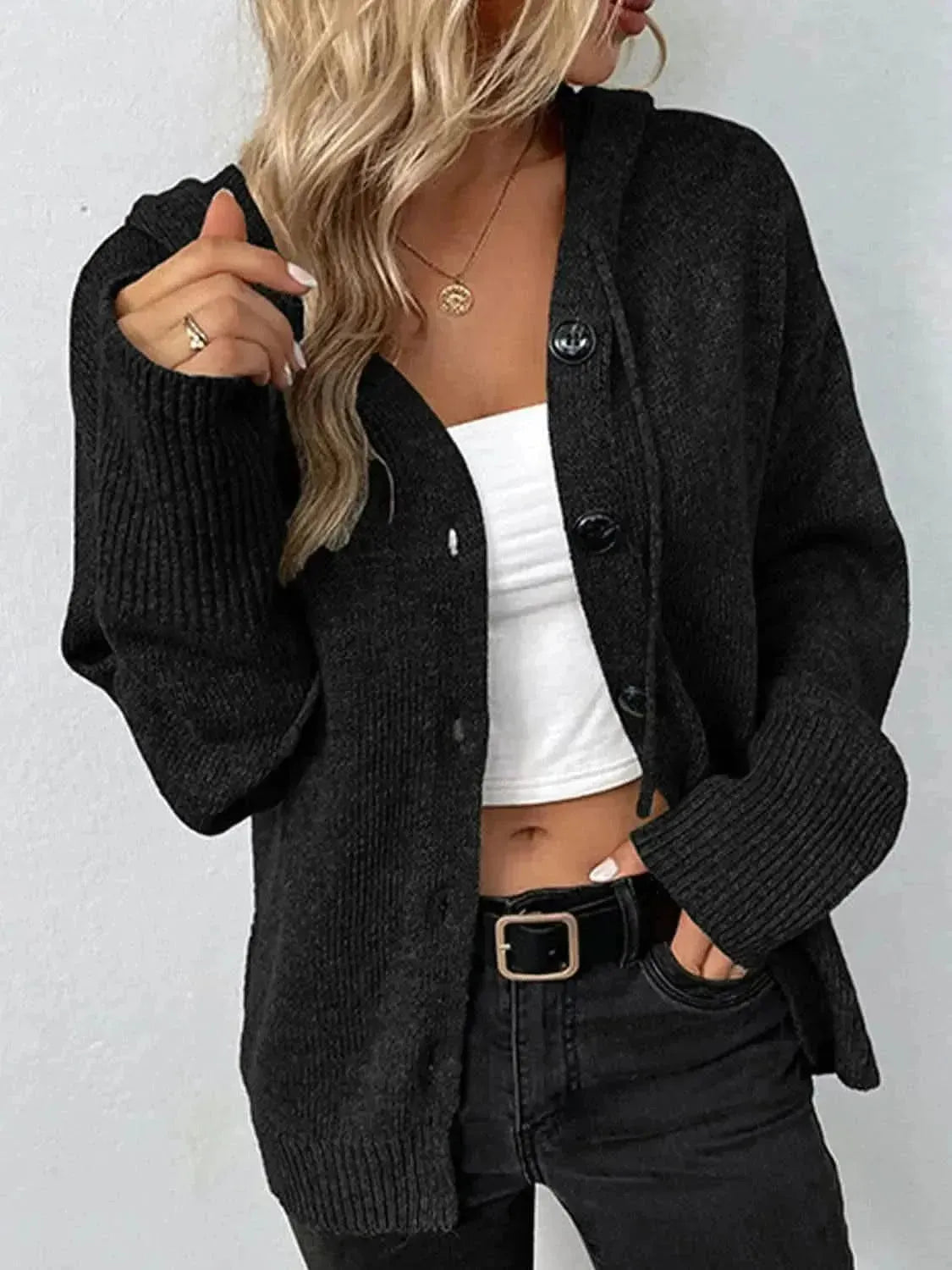 Drawstring Button Up Hooded Cardigan - Bad Moms Club