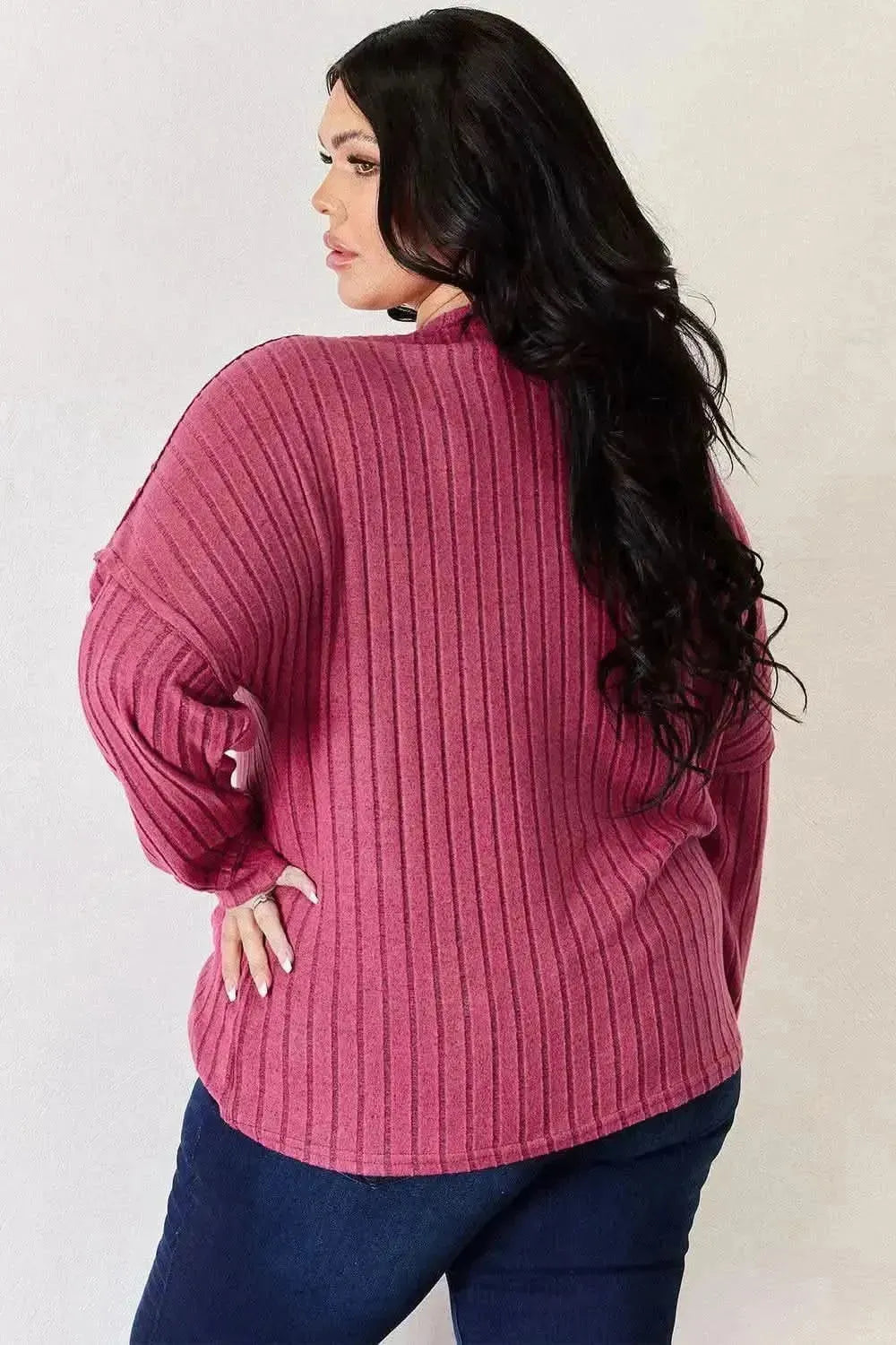 Basic Bae Full Size Ribbed Half Button Long Sleeve High-Low T-Shirt - Bad Moms Club