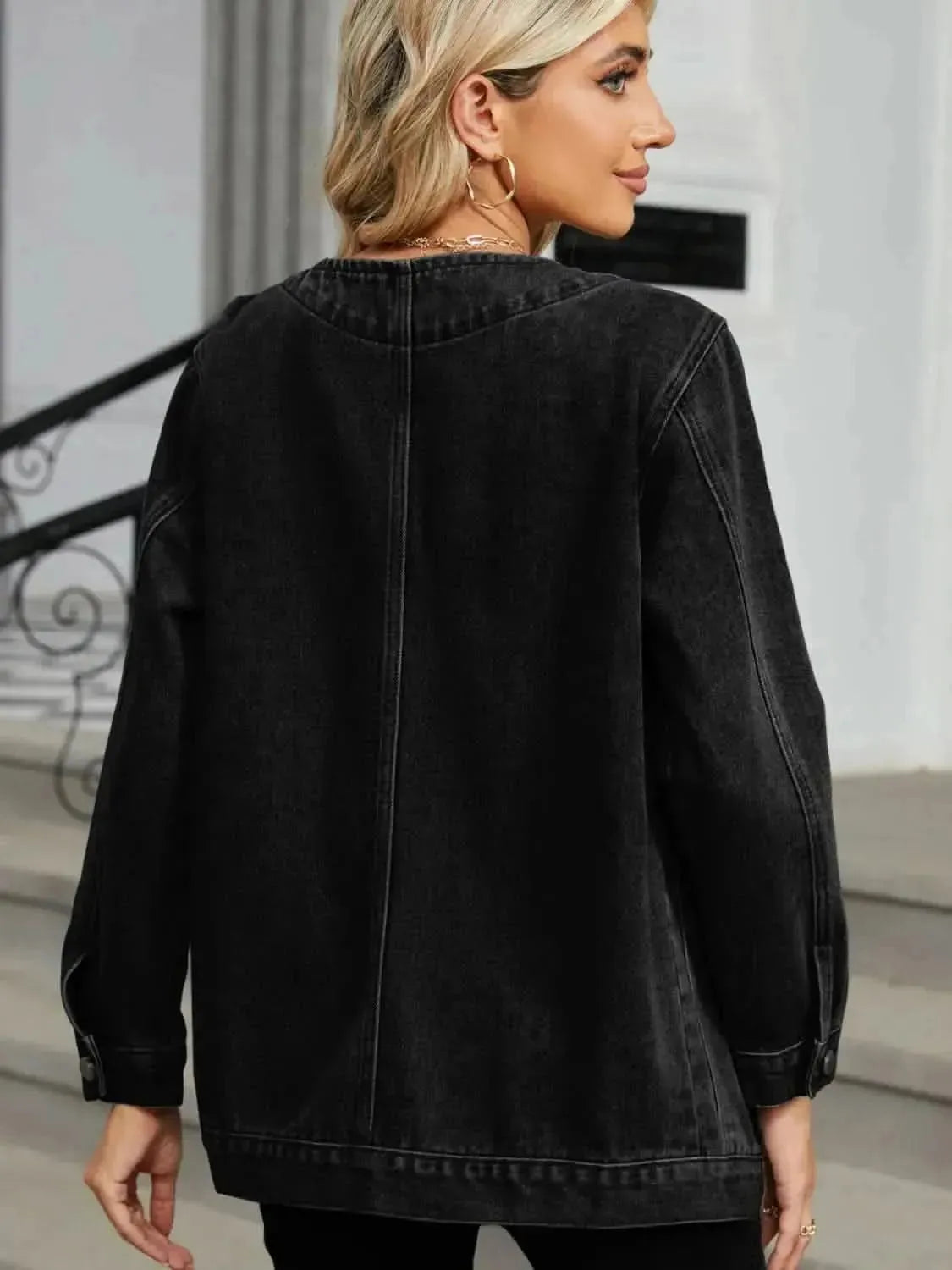 Pocketed V-Neck Button Up Denim Jacket - Bad Moms Club