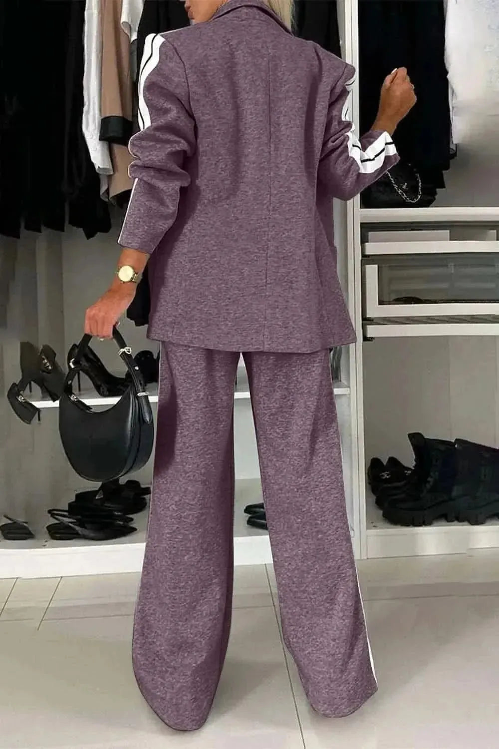 Full Size Contrast Lapel Collar Top and Pants Set - Bad Moms Club