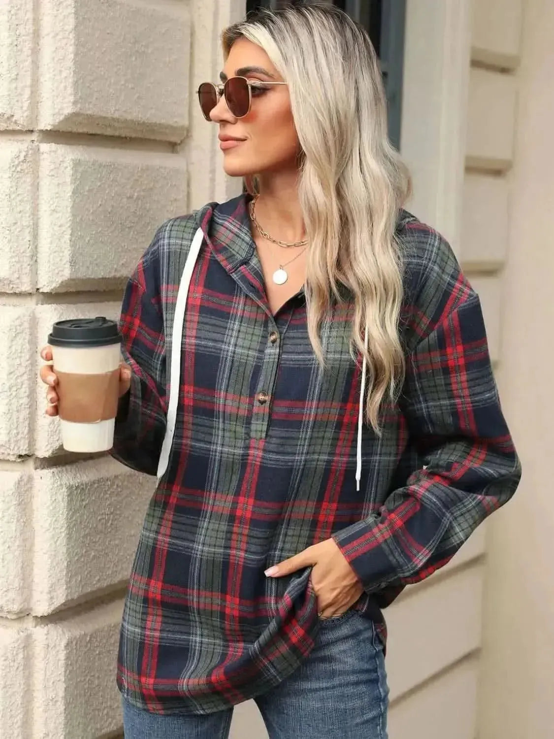 Drawstring Plaid Hooded Long Sleeve Top - Bad Moms Club