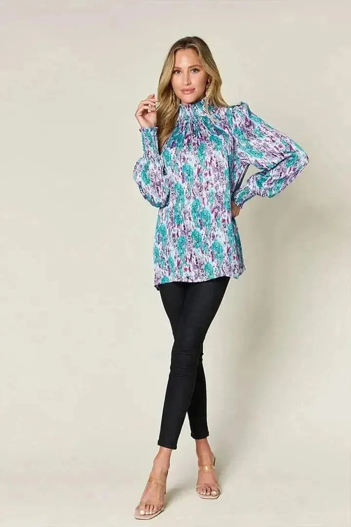 Double Take Full Size Printed Smocked Long Sleeve Blouse - Bad Moms Club