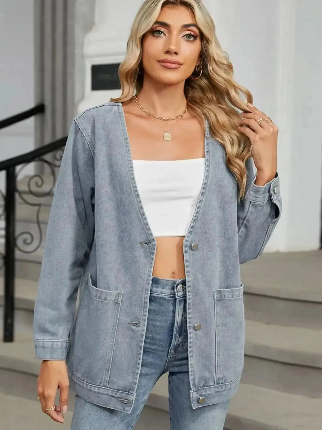 Pocketed V-Neck Button Up Denim Jacket - Bad Moms Club