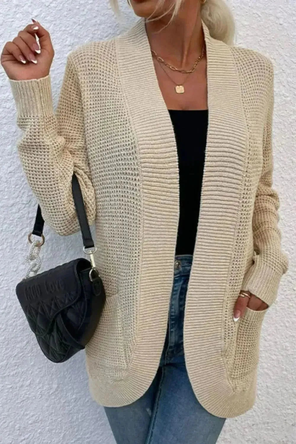 Open Front Rib-Knit Cardigan with Pockets - Bad Moms Club