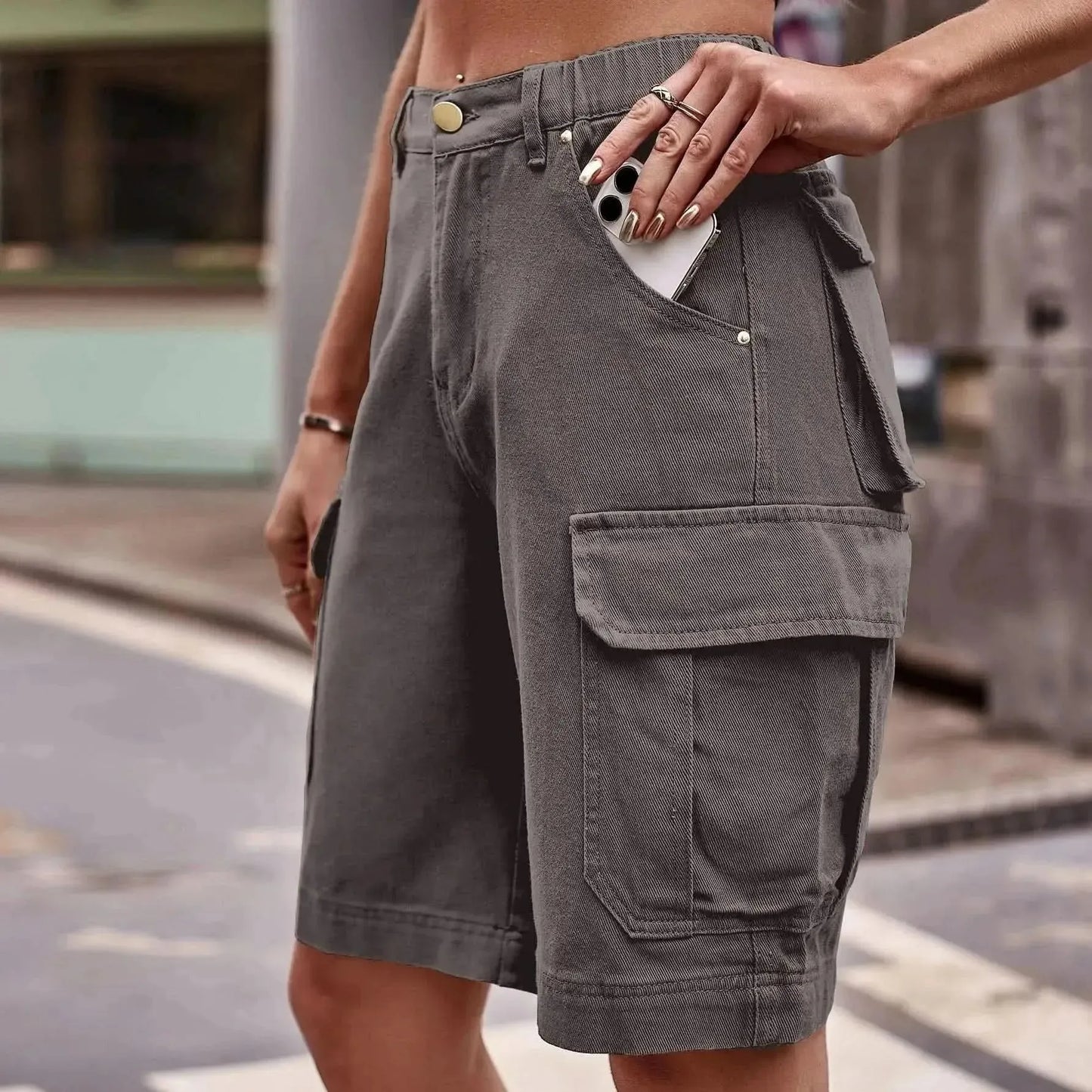 Denim Cargo Shorts with Pockets - Bad Moms Club