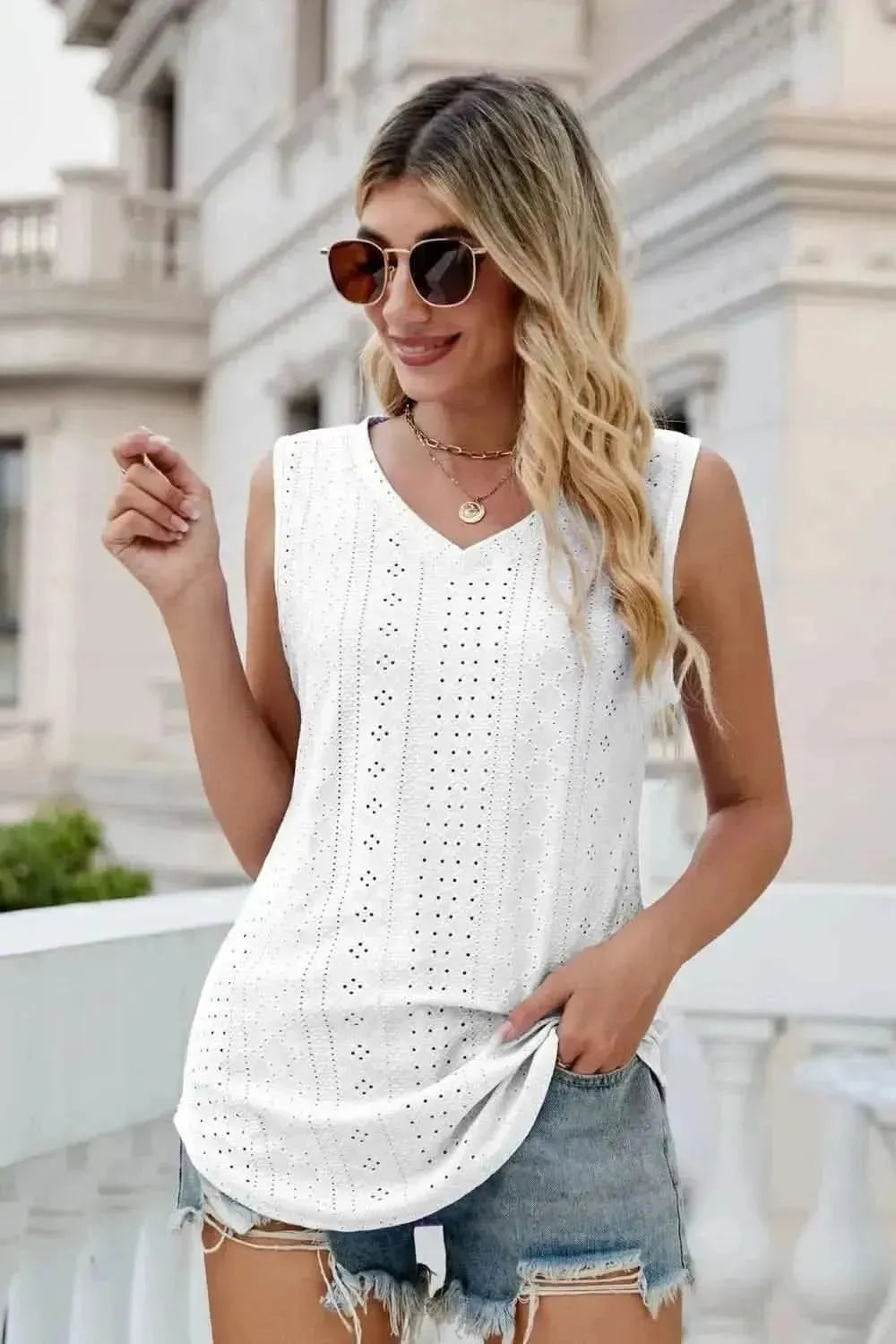 Eyelet V-Neck Tank - Bad Moms Club
