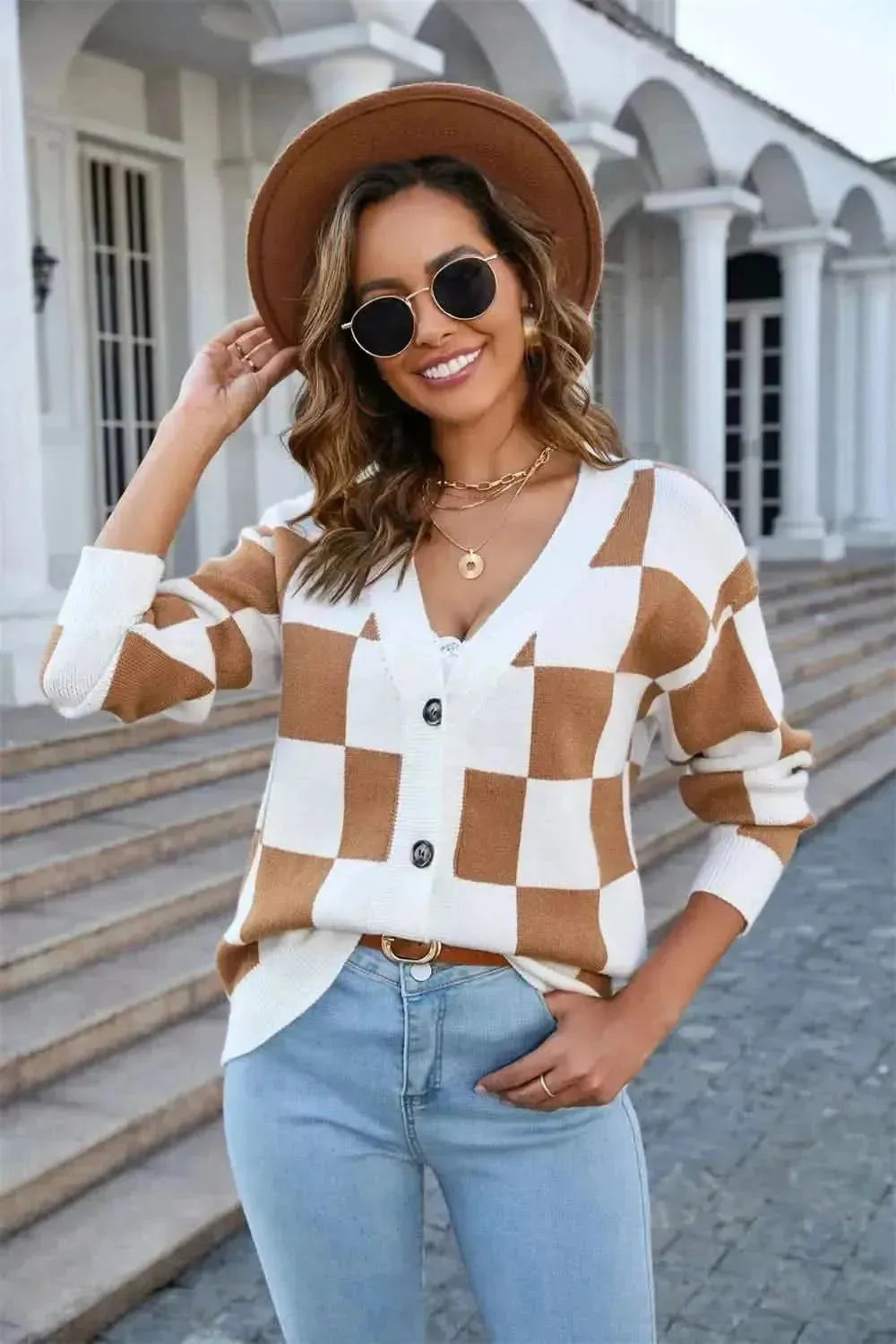 Button-Up V-Neck Dropped Shoulder Cardigan - Bad Moms Club