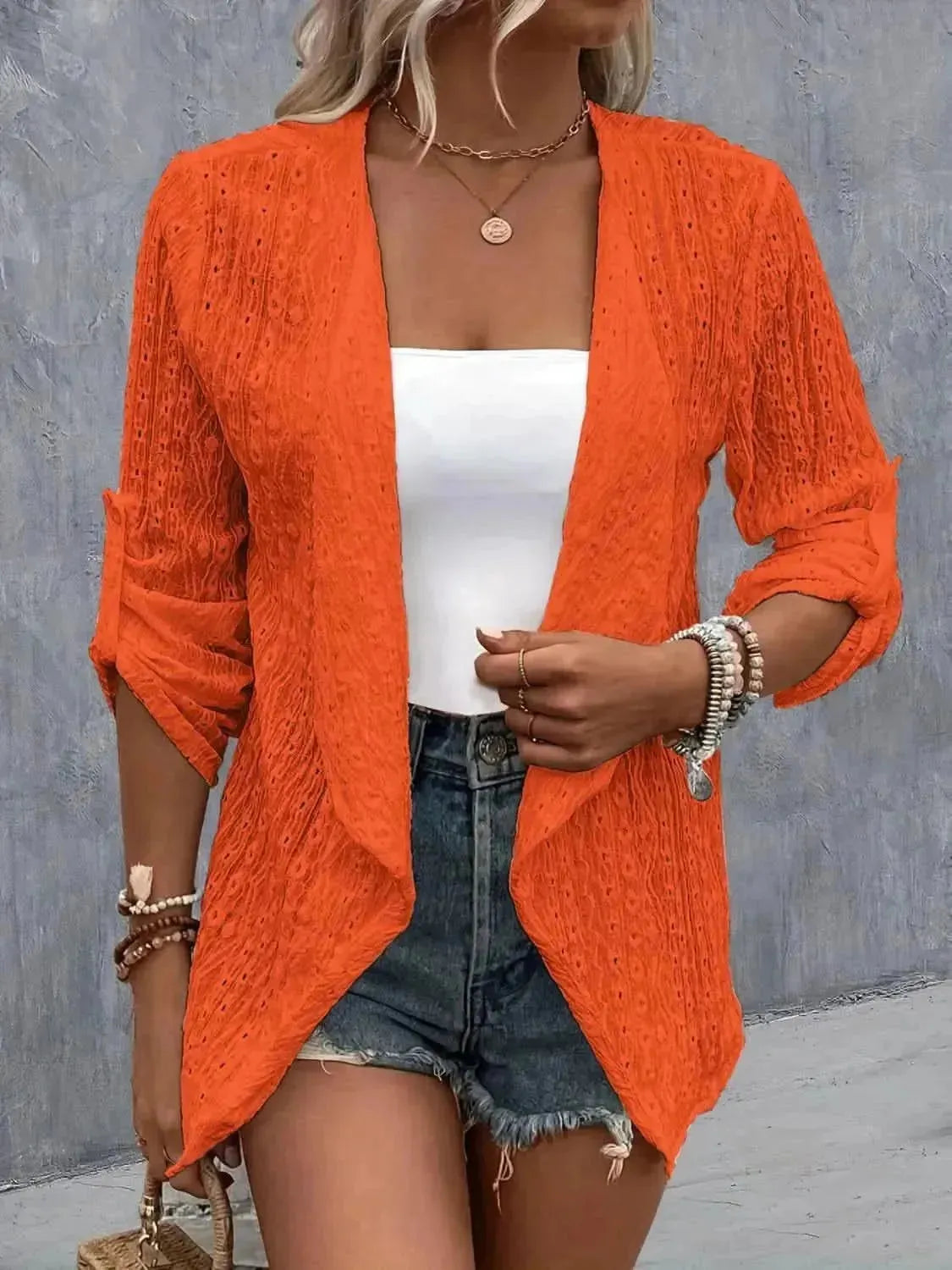 Eyelet Roll-Tab Sleeve Cardigan - Bad Moms Club