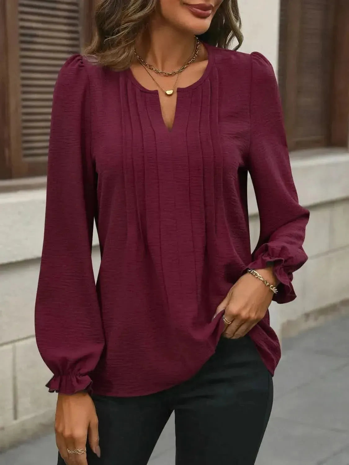 Notched Flounce Sleeve Blouse - Bad Moms Club