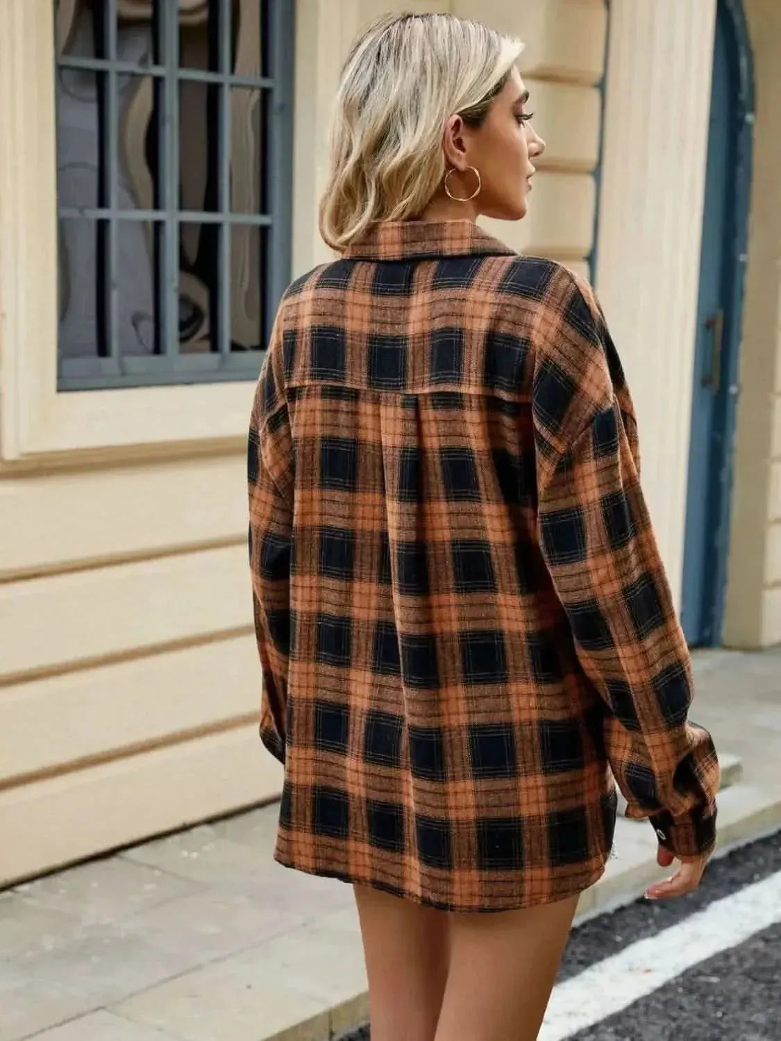 Plaid Collared Neck Long Sleeve Shirt - Bad Moms Club