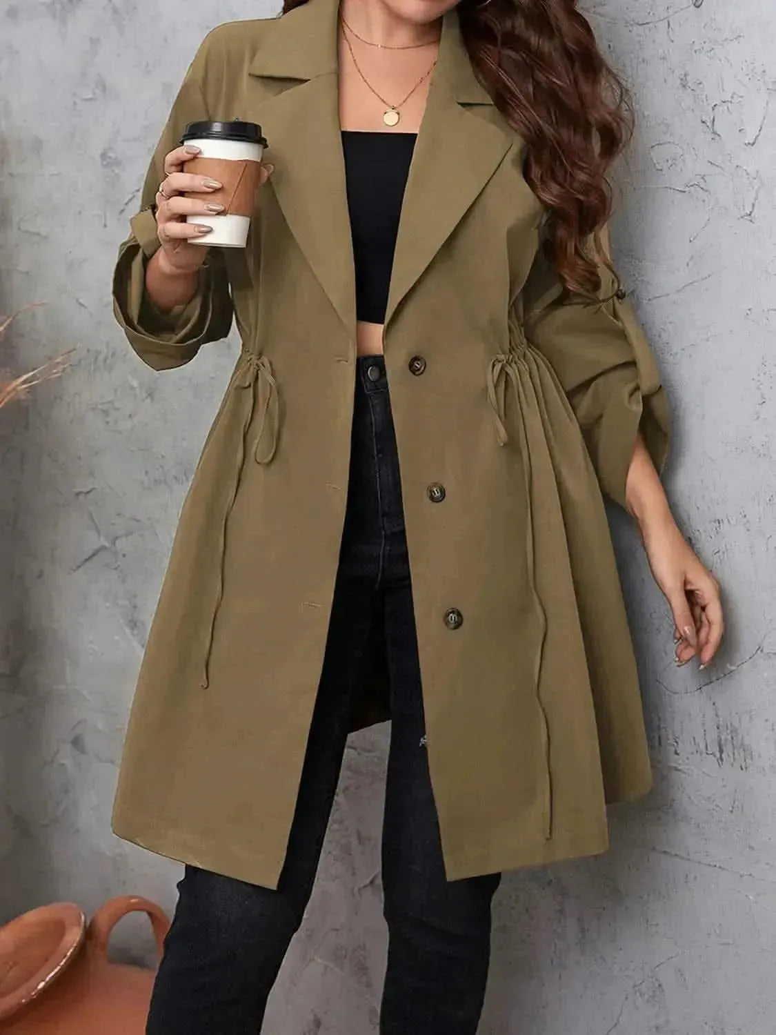 Plus Size Lapel Collar Drawstring Roll-Tab Sleeve Trench Coat - Bad Moms Club