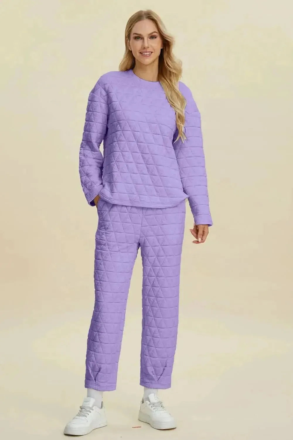 Double Take Full Size Texture Round Neck Long Sleeve Top and Pants Set - Bad Moms Club