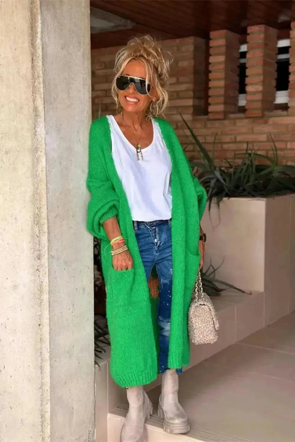 Letter Dropped Shoulder Long Sleeve Cardigan - Bad Moms Club
