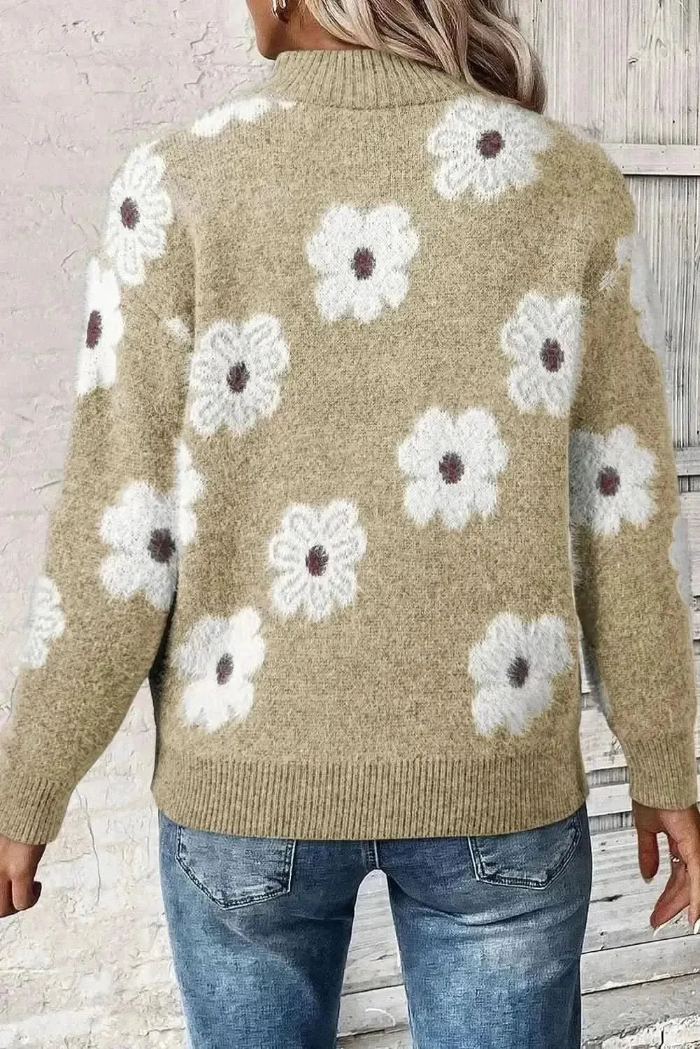Flower Half Zip Long Sleeve Sweater - Bad Moms Club