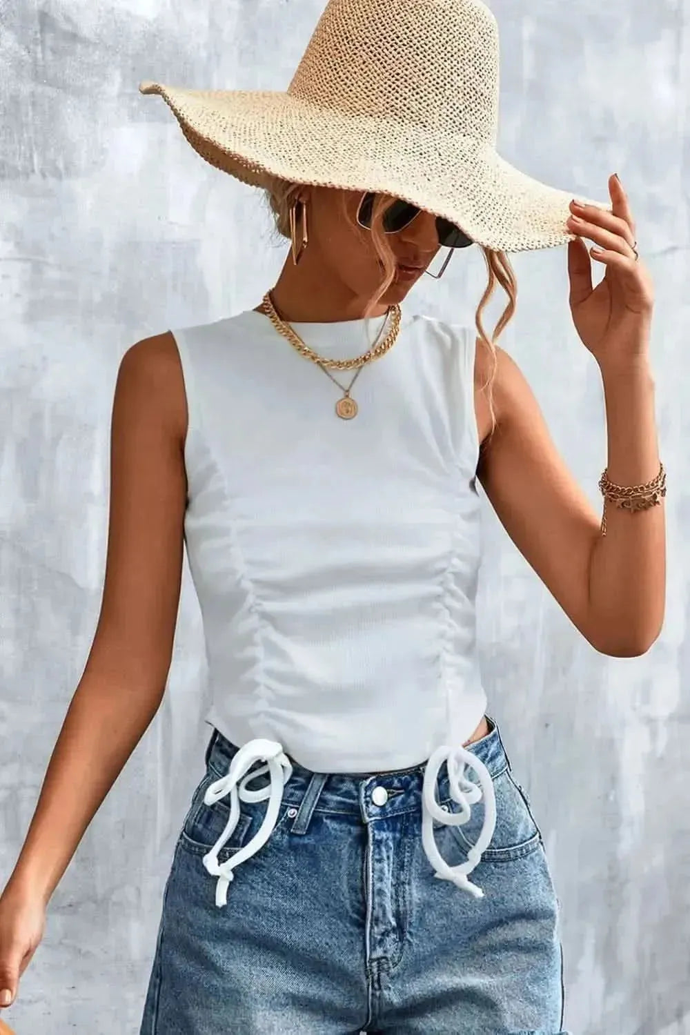 Drawstring Detail Round Neck Tank - Bad Moms Club