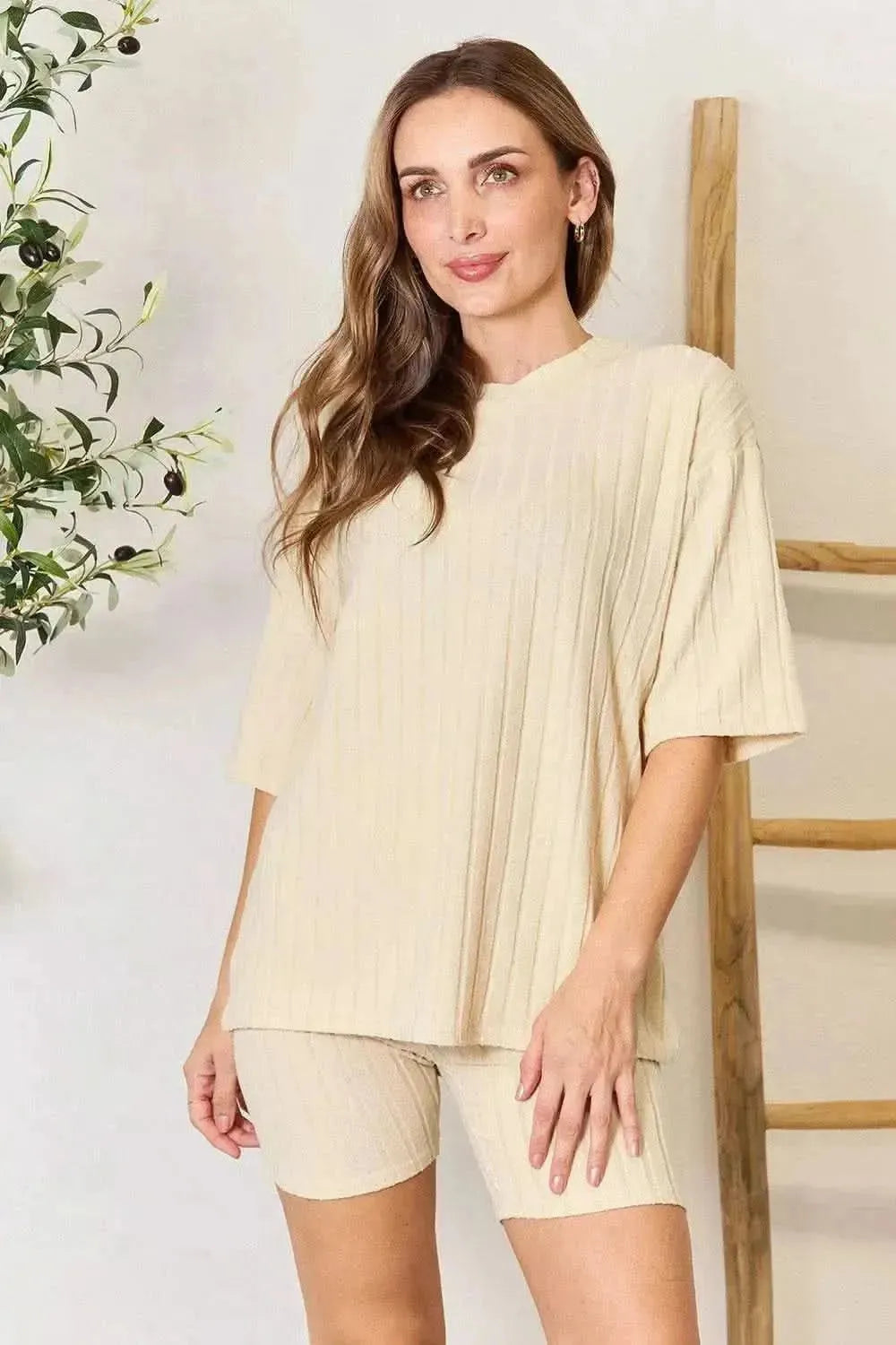 Ribbed Round Neck Top and Shorts Lounge Set - Bad Moms Club
