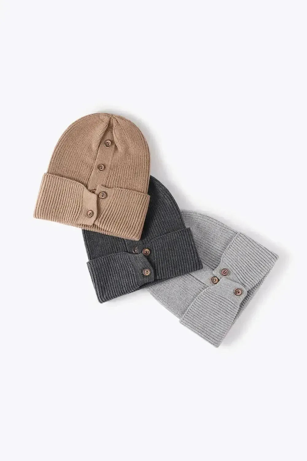 Button Detail Rib-Knit Cuff Beanie - Bad Moms Club