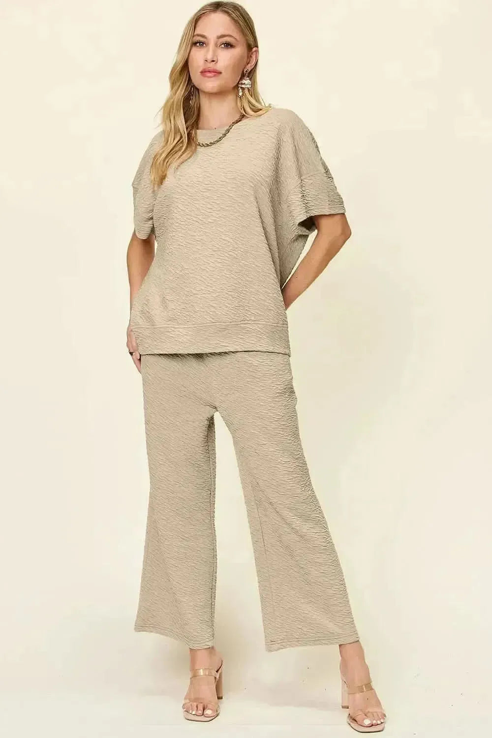 Double Take Full Size Texture Short Sleeve Top and Pants Set - Bad Moms Club