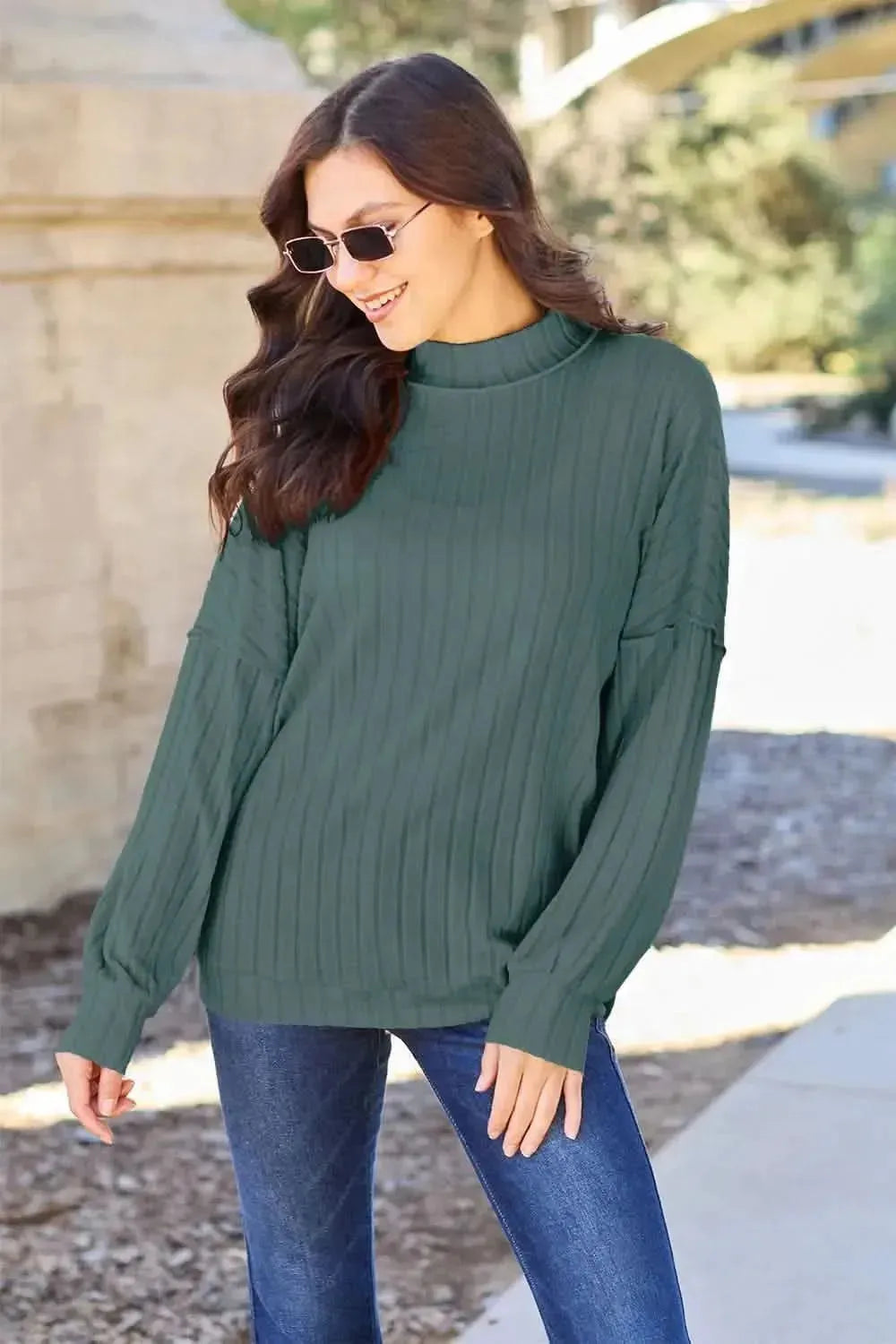 Basic Bae Full Size Ribbed Exposed Seam Mock Neck Knit Top - Bad Moms Club