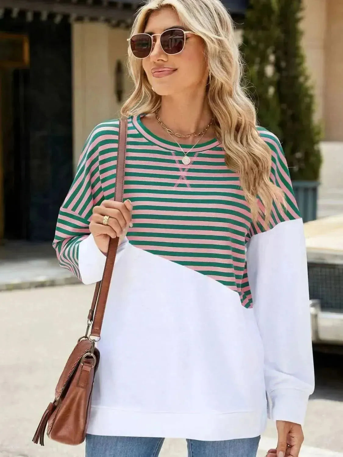 Slit Contrast Striped Long Sleeve Sweatshirt - Bad Moms Club