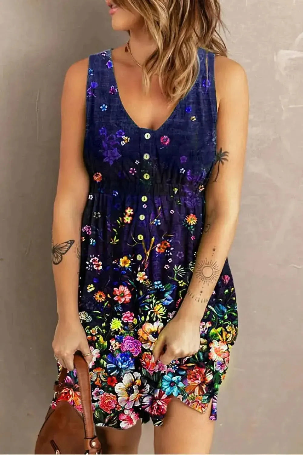 Double Take Scoop Neck Buttoned Sleeveless Magic Dress with Pockets - Bad Moms Club