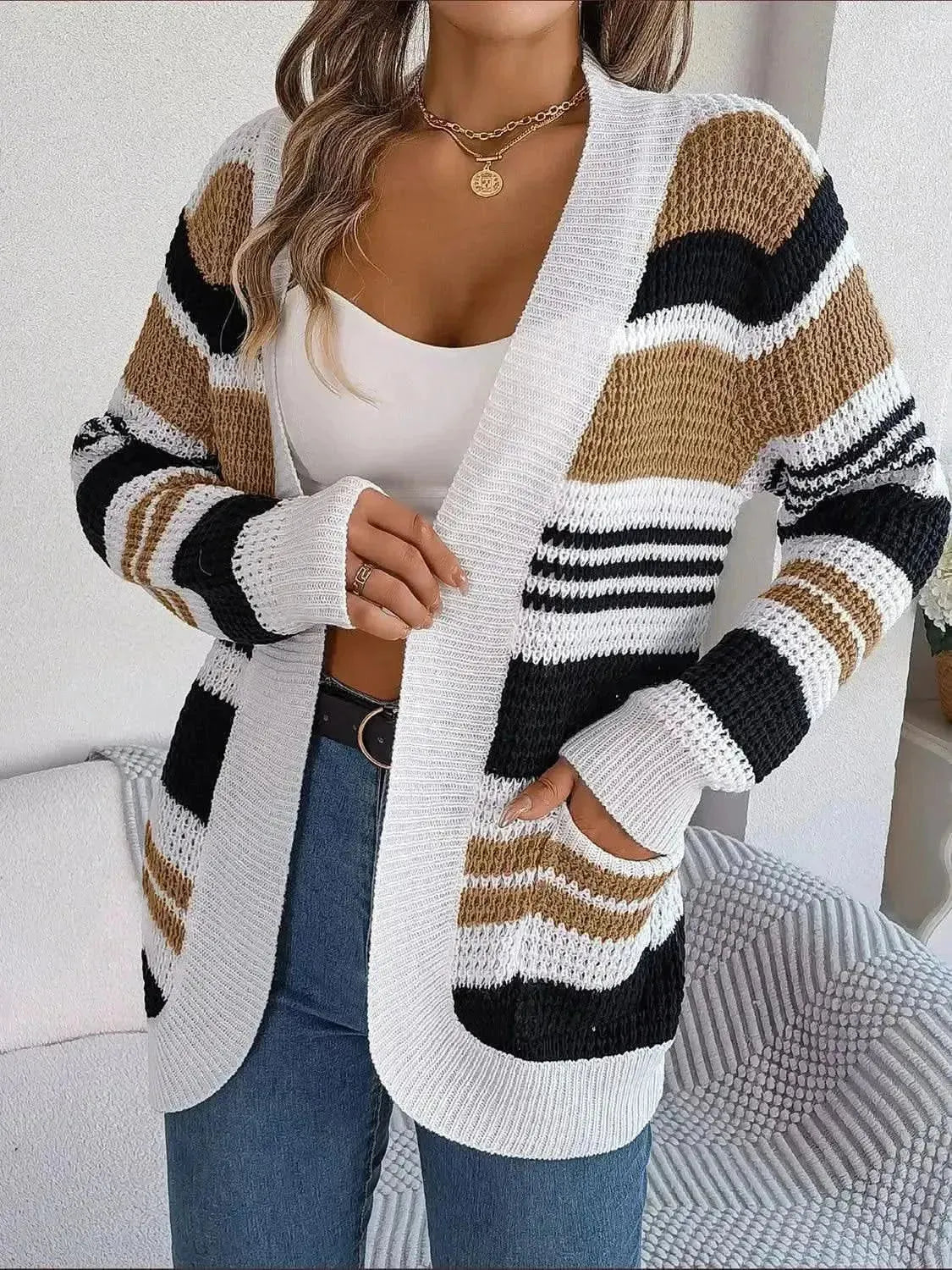 Striped Open Front Long Sleeve Cardigan - Bad Moms Club