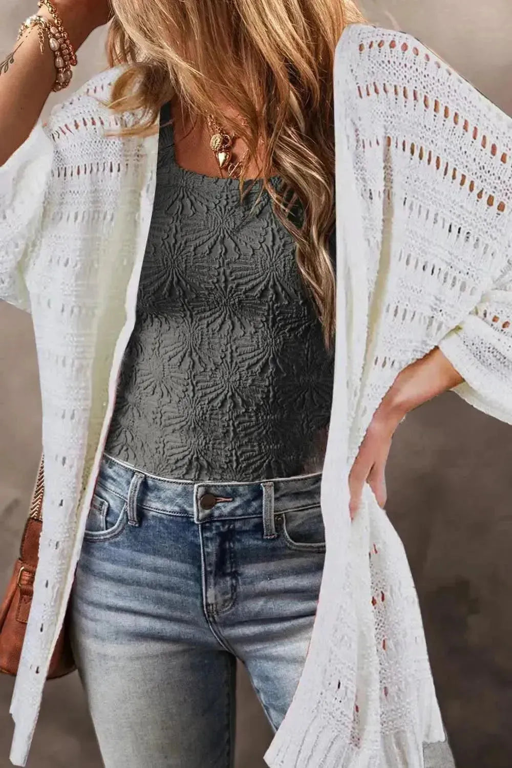 Openwork Open Front Long Sleeve Cardigan - Bad Moms Club