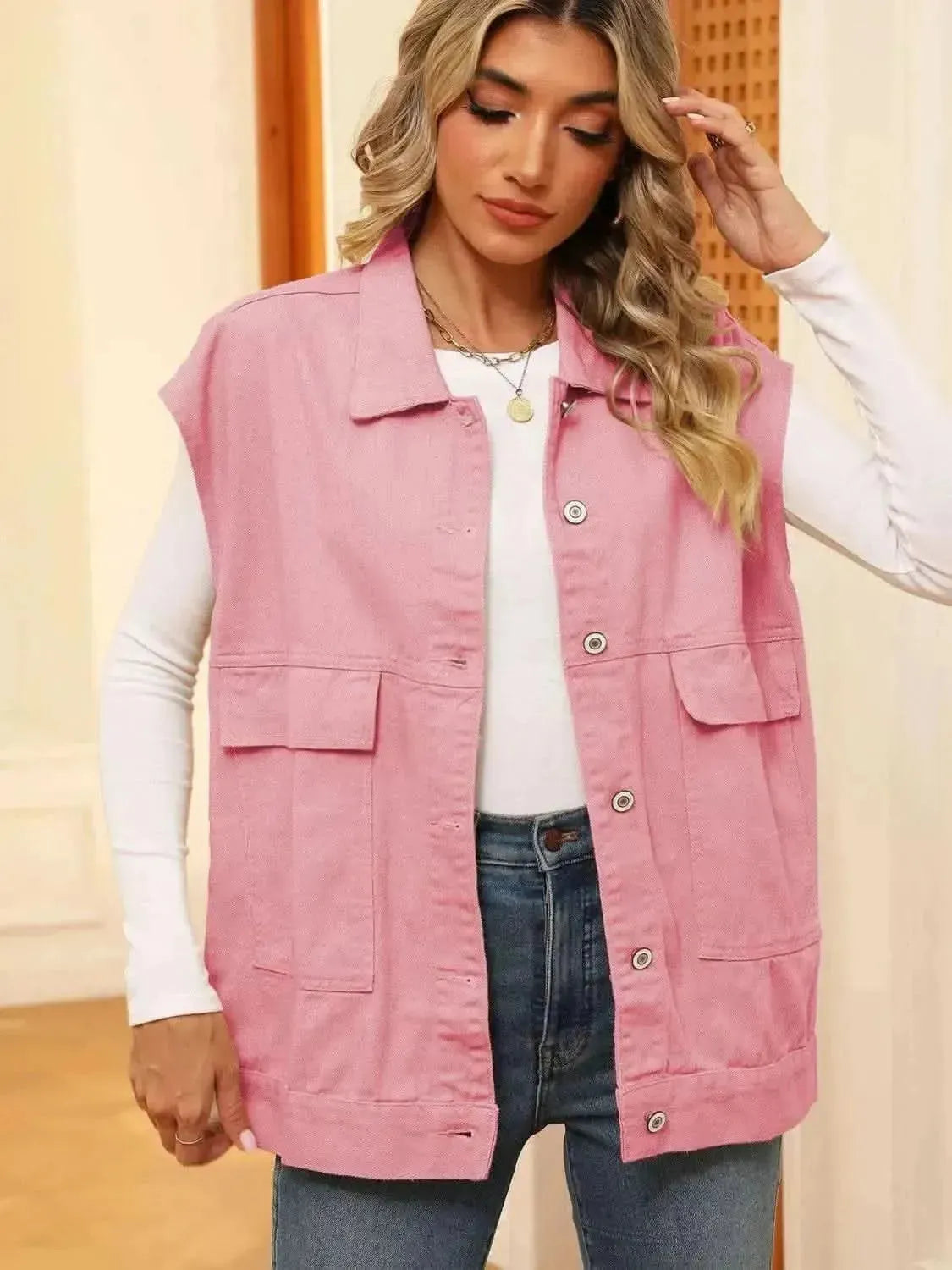 Pocketed Button Up Sleeveless Denim Jacket - Bad Moms Club