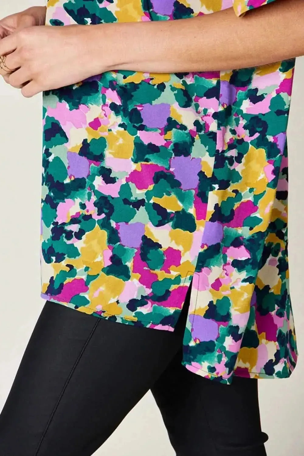 Double Take Full Size Printed V-Neck Short Sleeve Side Slit Top - Bad Moms Club
