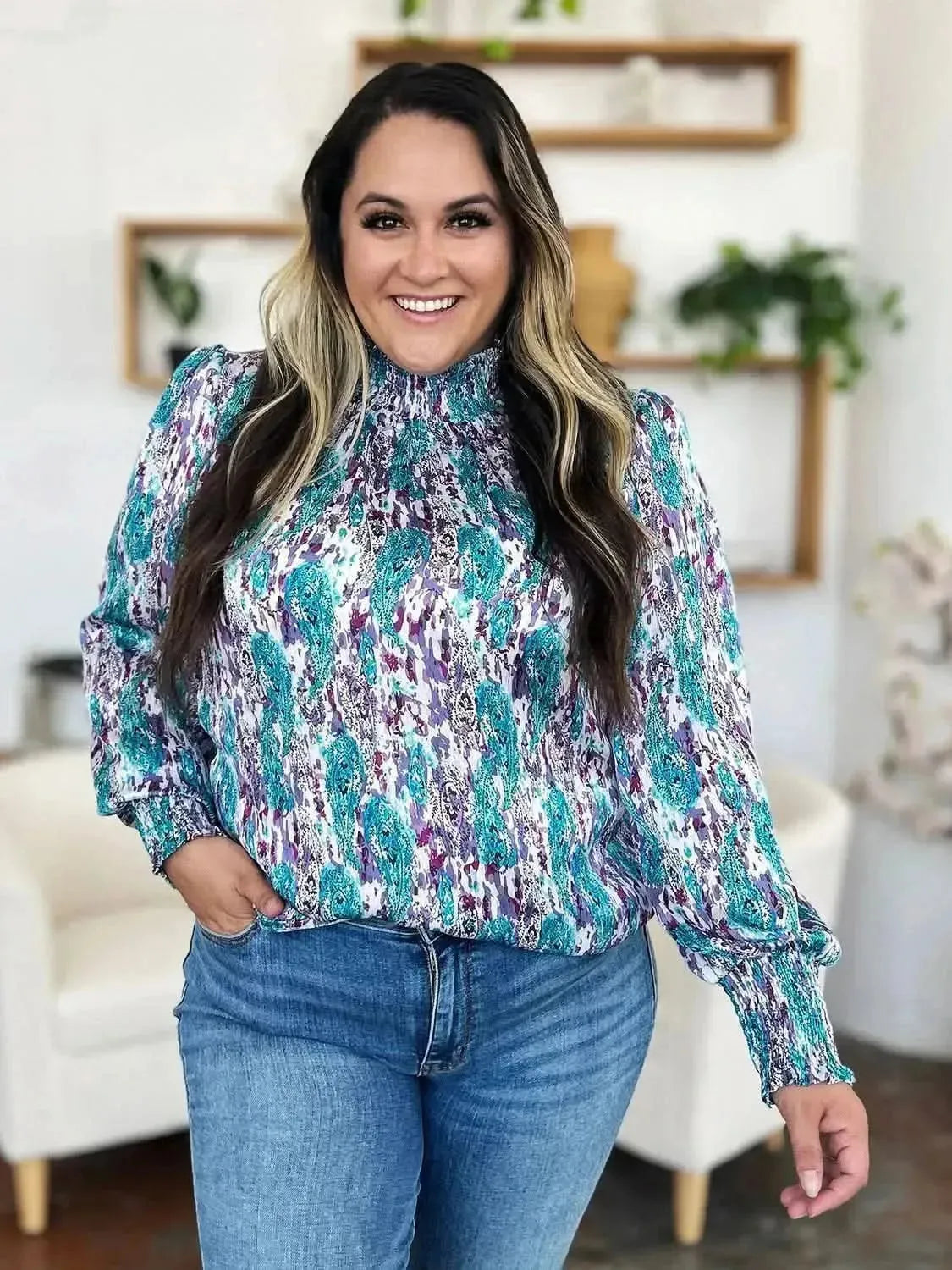 Double Take Full Size Printed Smocked Long Sleeve Blouse - Bad Moms Club