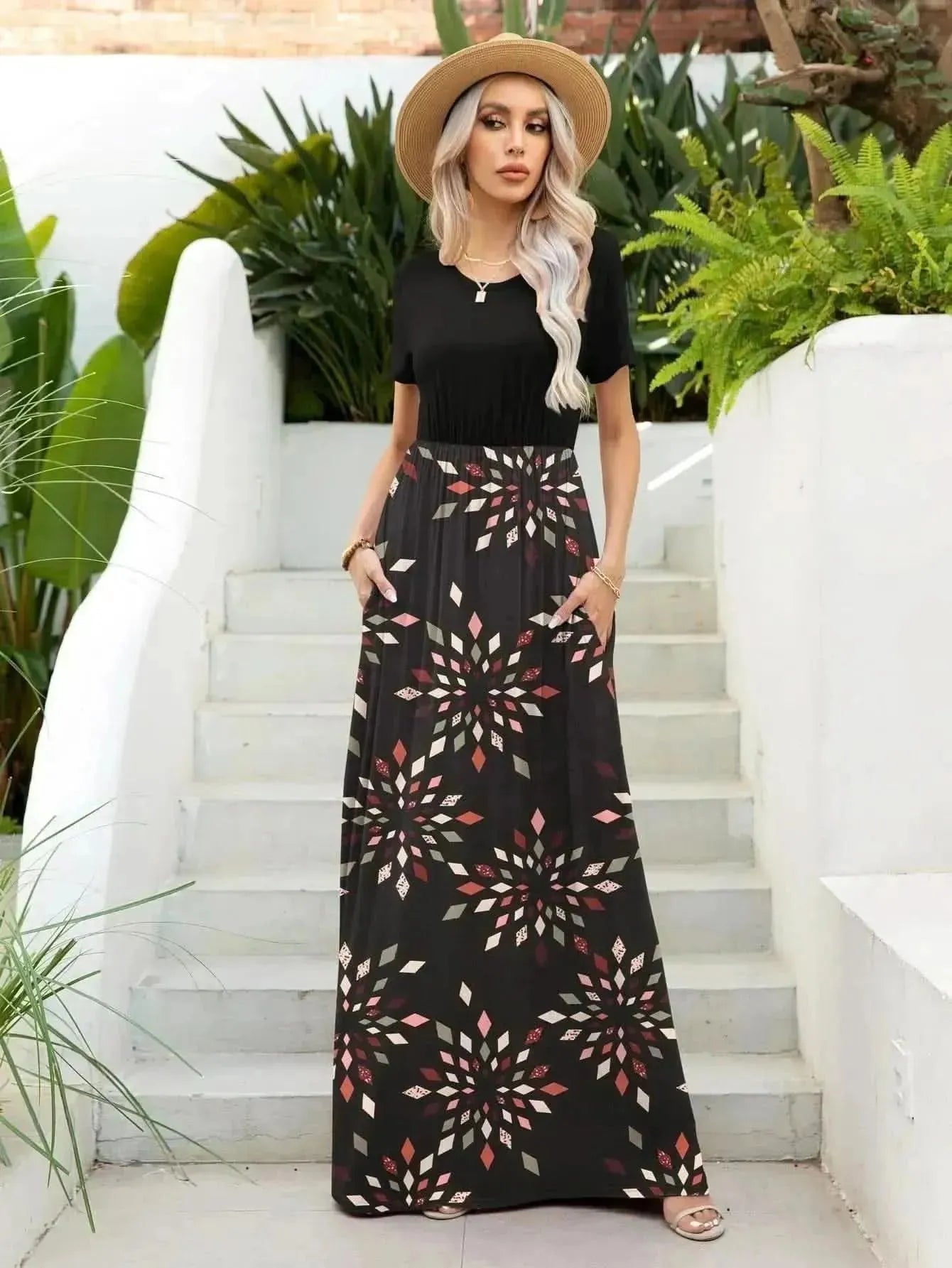 Printed Round Neck Short Sleeve Maxi Dress - Bad Moms Club