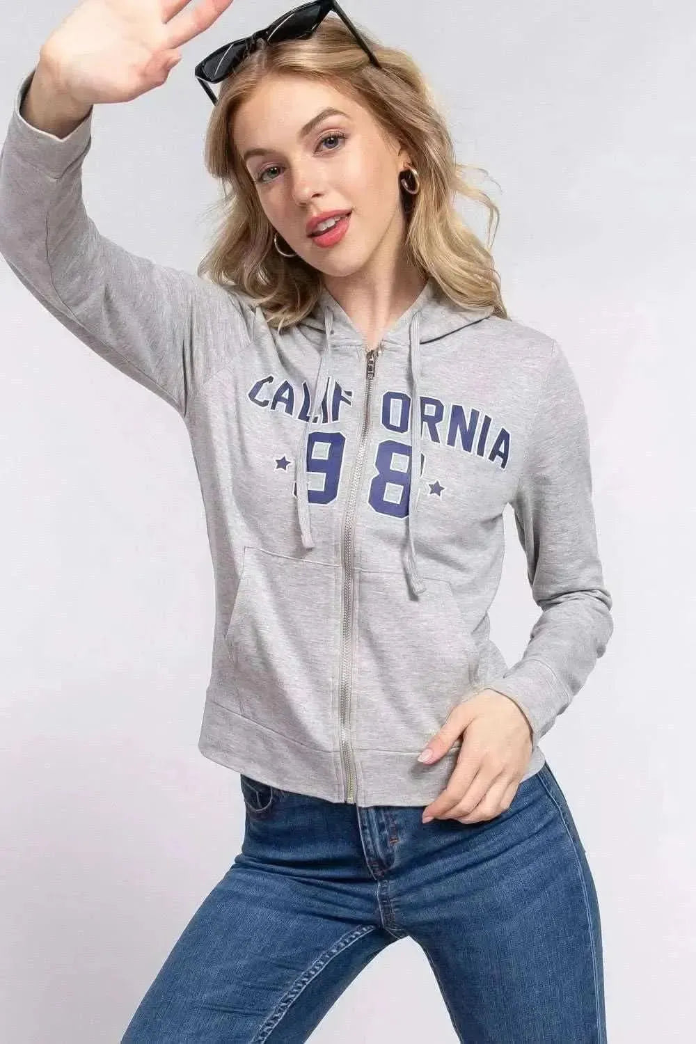 ACTIVE BASIC CALIFORNIA Zip Up Drawstring Long Sleeve Hoodie - Bad Moms Club