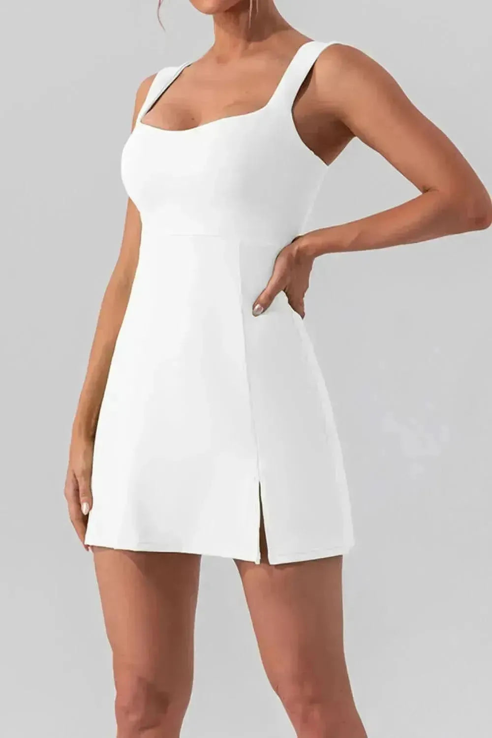 Square Neck Sleeveless Slit Mini Active Dress - Bad Moms Club