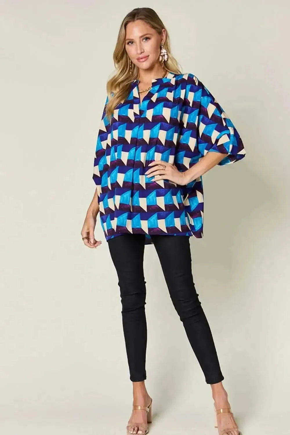 Double Take Full Size Geometric Notched Half Sleeve Blouse - Bad Moms Club