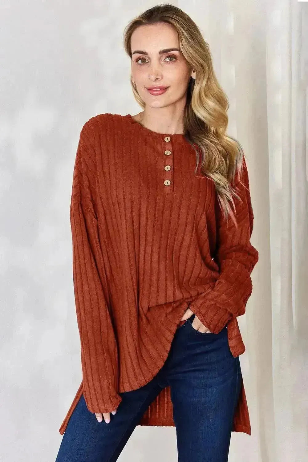 Basic Bae Full Size Ribbed Half Button Long Sleeve High-Low T-Shirt - Bad Moms Club