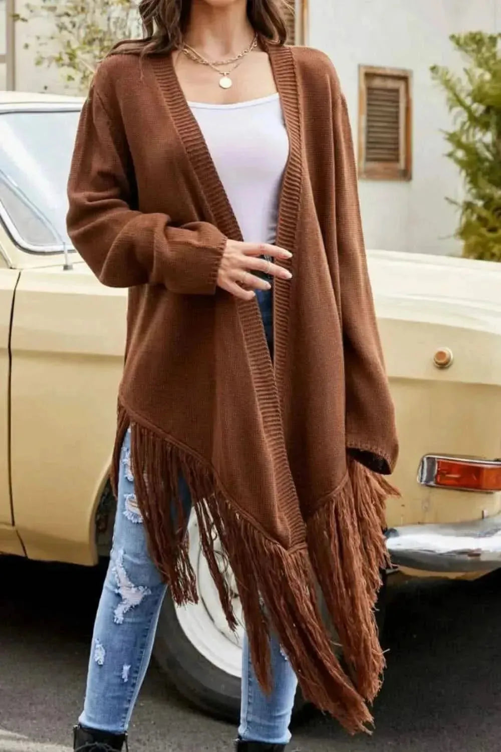 Fringe Hem Open Front Ribbed Trim Cardigan - Bad Moms Club