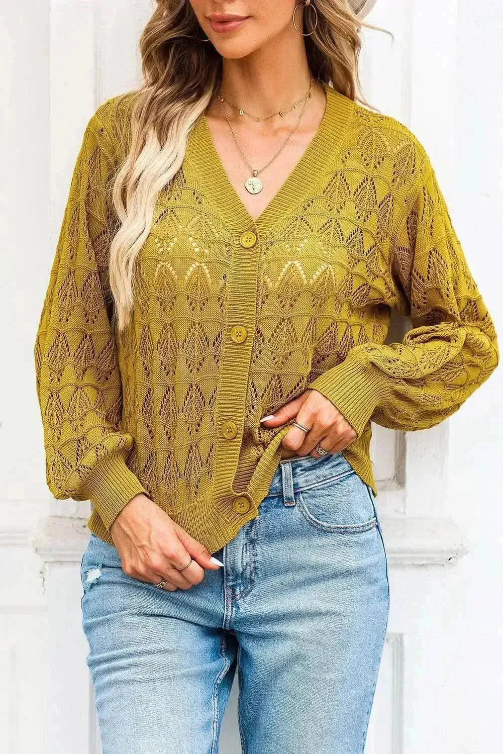 Openwork V-Neck Cardigan - Bad Moms Club