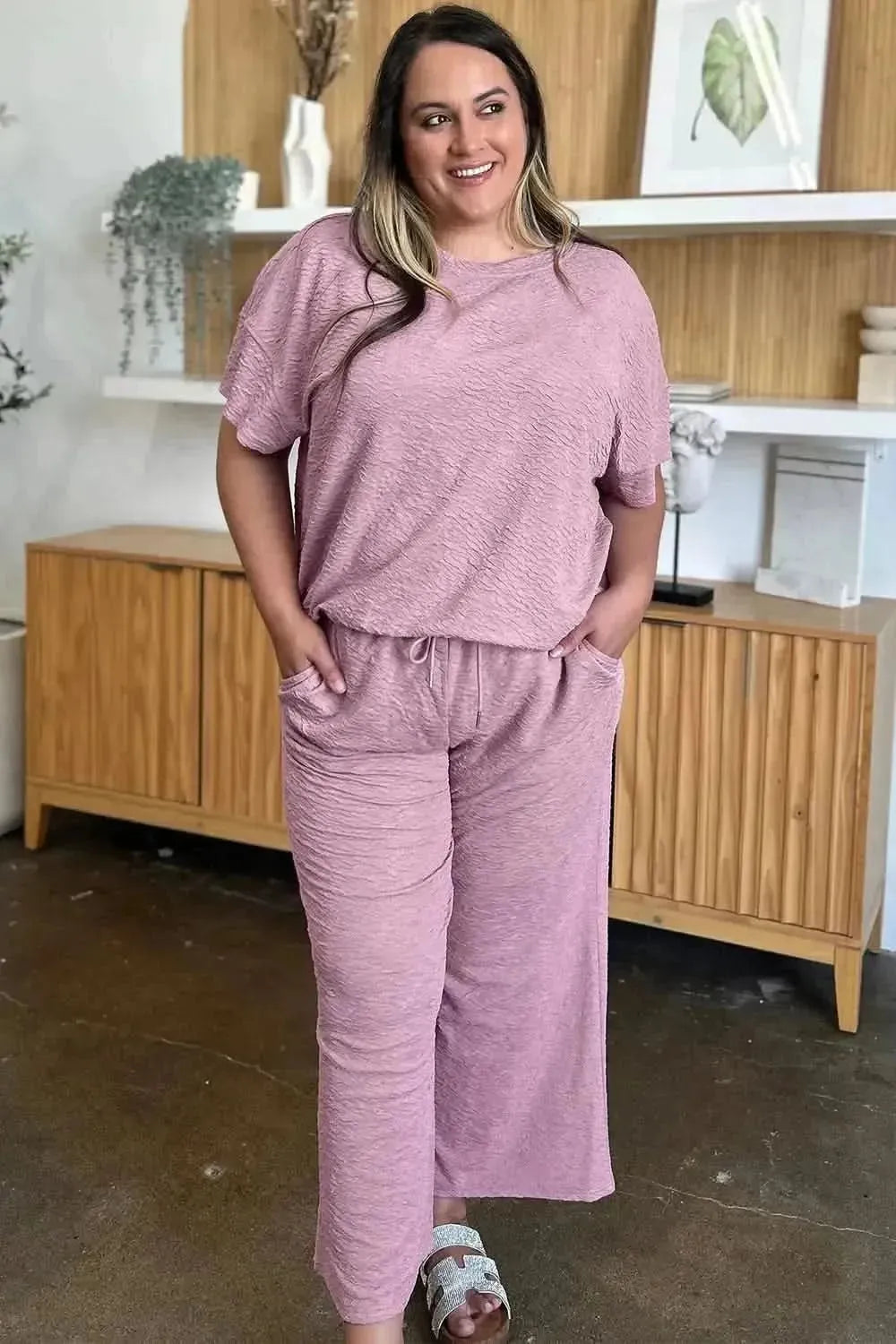 Double Take Full Size Texture Short Sleeve Top and Pants Set - Bad Moms Club