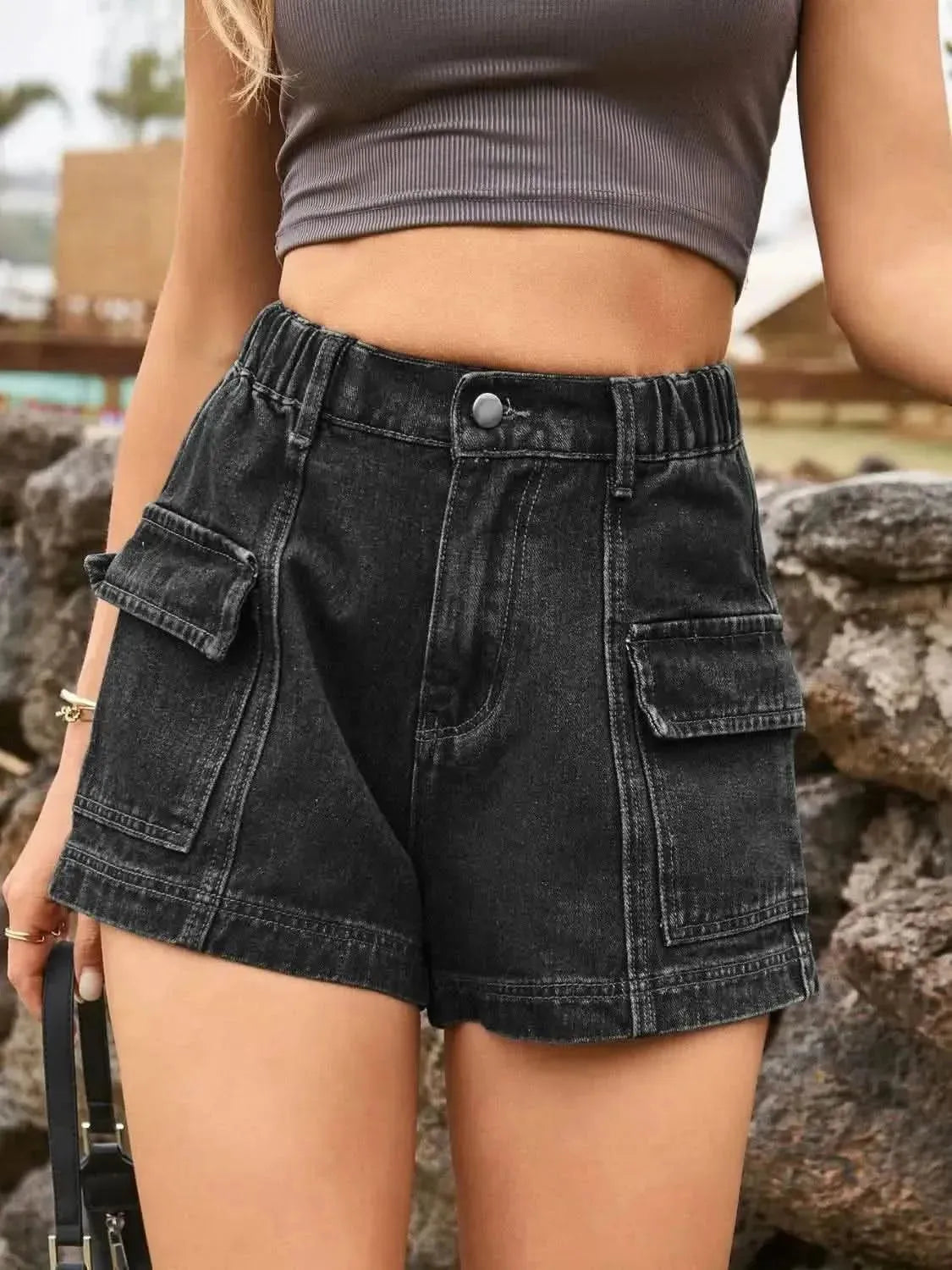 High Waist Denim Shorts with Pockets - Bad Moms Club