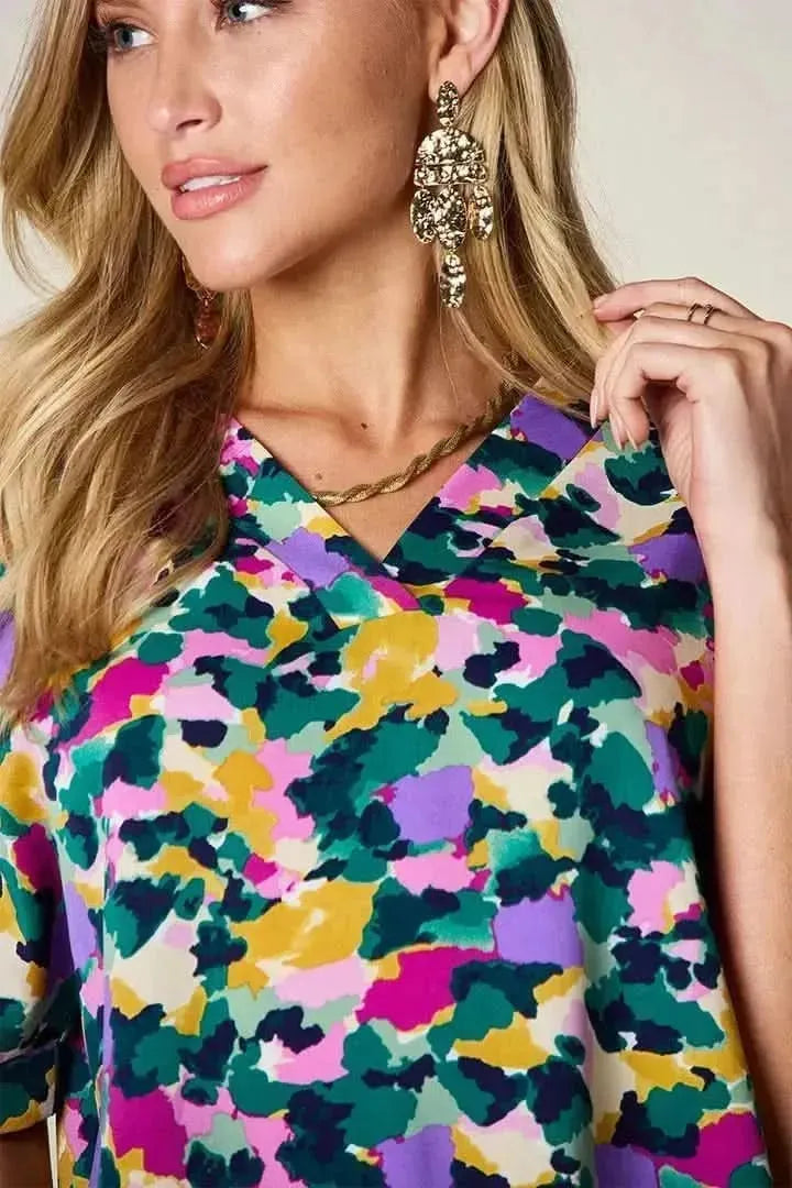 Double Take Full Size Printed V-Neck Short Sleeve Side Slit Top - Bad Moms Club