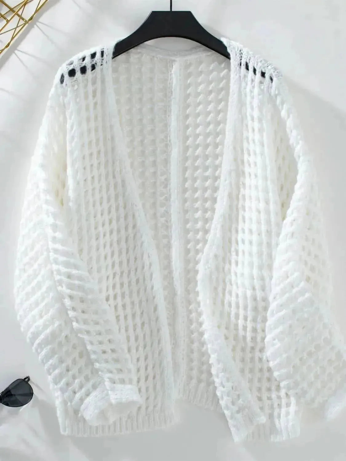 Openwork Open Front Long Sleeve Cardigan - Bad Moms Club