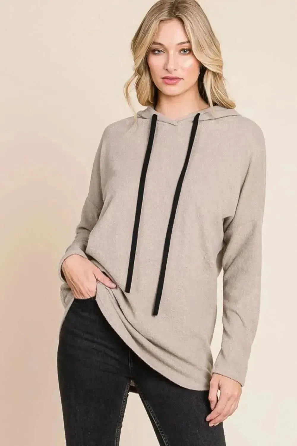 BOMBOM Contrast Drawstring Drop Shoulder Knit Hoodie - Bad Moms Club