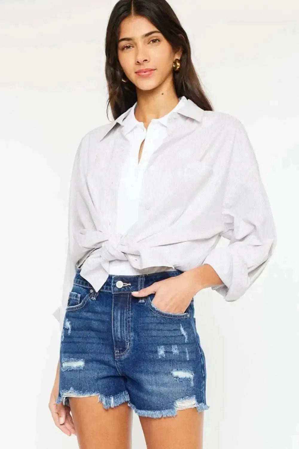 Kancan High Rise Frayed Hem Denim Shorts - Bad Moms Club