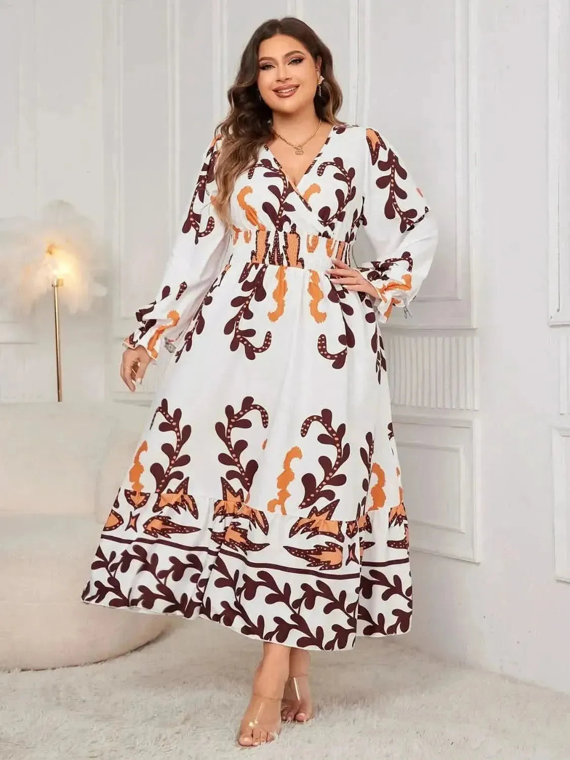 Honey Plus Size Printed Surplice Flounce Sleeve Dress - Bad Moms Club
