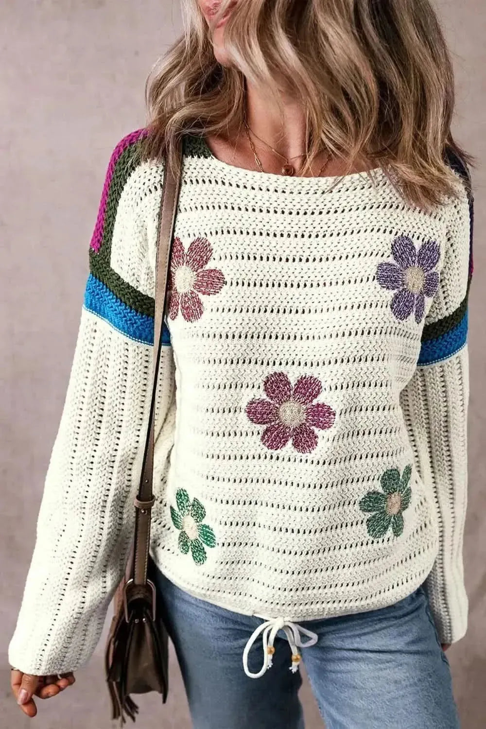 Flower Round Neck Long Sleeve Sweater - Bad Moms Club