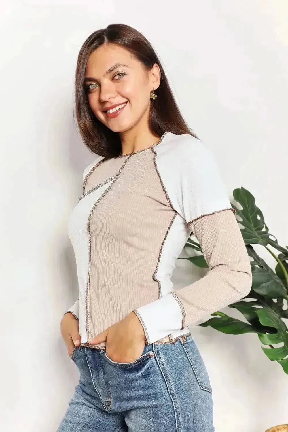Double Take Color Block Exposed Seam Top - Bad Moms Club