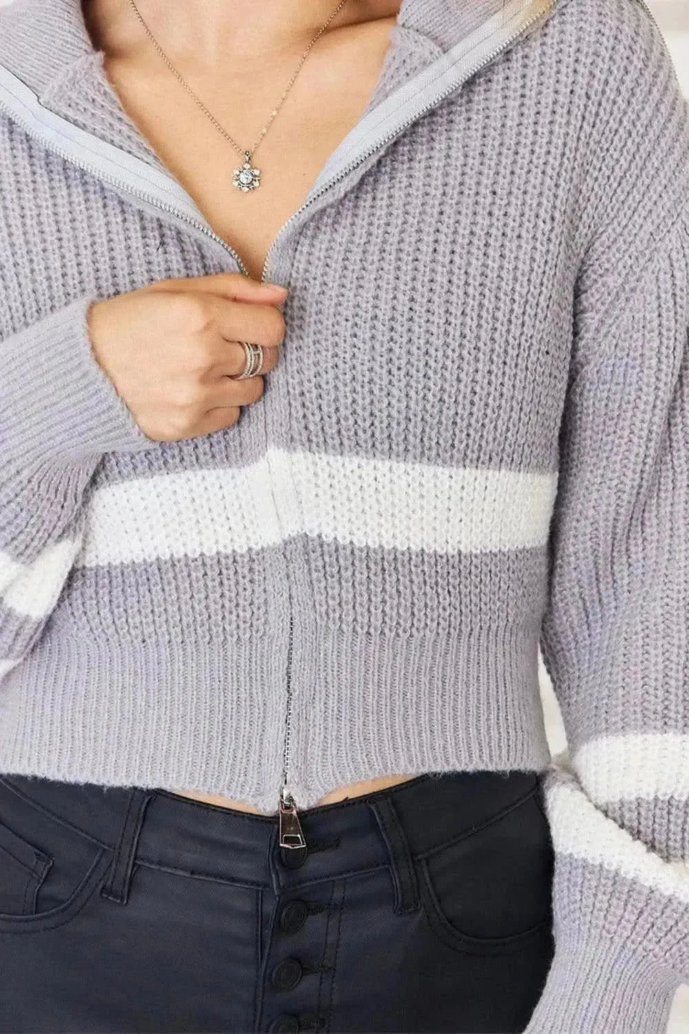 Striped Zip Up Dropped Shoulder Cardigan - Bad Moms Club